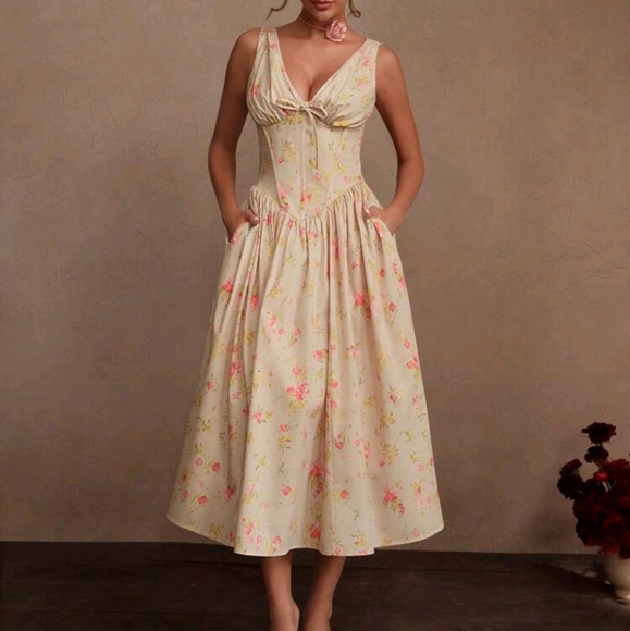 Women's Deep V-Neck A-Line Elegant Party Dress, Suitable For Summer - Picture 4 of 4